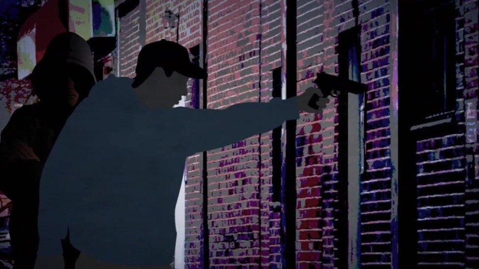 An illustration showing a person in an alleyway holding a gun aloft