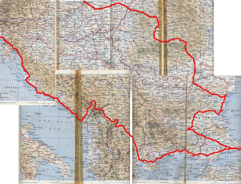 The map Ian Jack used to navigate round Eastern Europe, with route marked