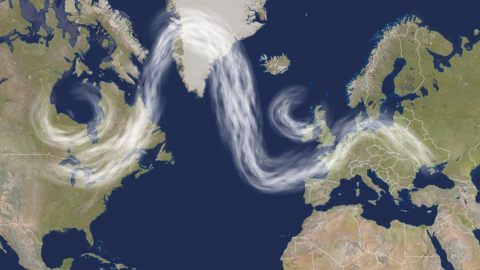 A map of the northern hemisphere showing the jet stream passing across