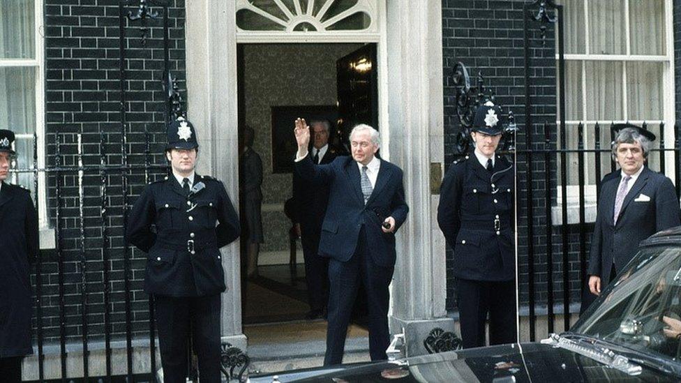 Harold Wilson outside Downing Street on his last day in office in 1976