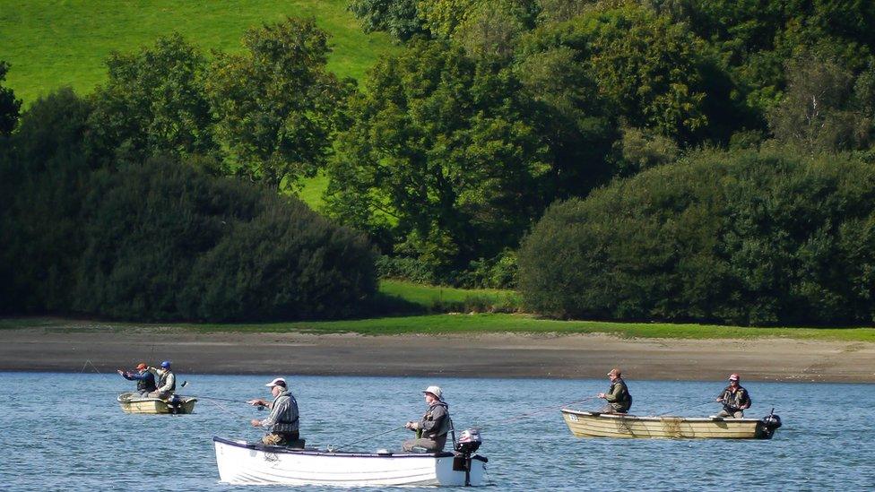 Fishermen on Llandegfedd Reservoir, near Pontypool