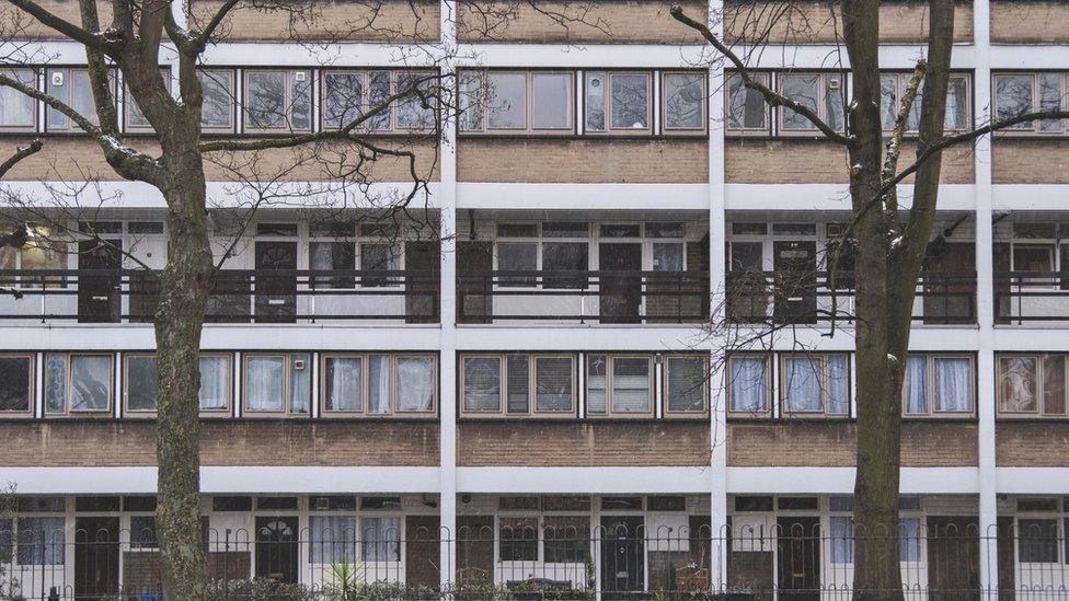 The facade of a balconied local authority maintained residential apartment building