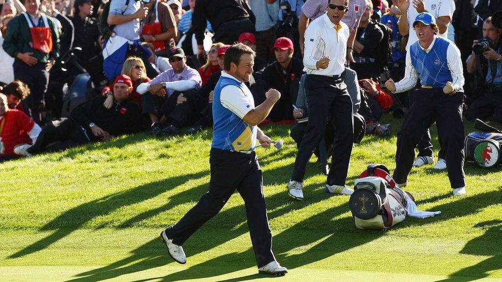 Graeme McDowell celebrates holing the putt that won the 2010 Ryder Cup for Europe at Celtic Manor