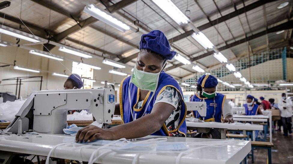 A worker produces face masks at KICOTEC in Kitui, Kenya on April 7, 2020.