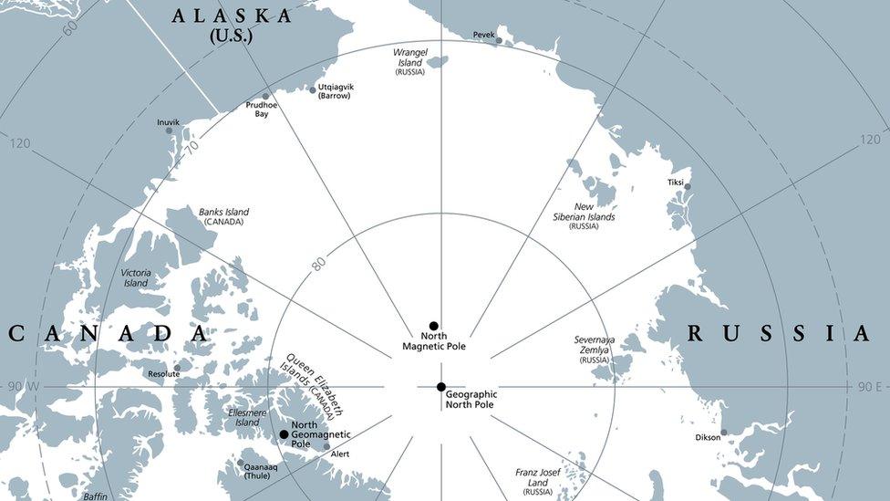 A map showing the north pole, Canada, Russia and Alaska in the US