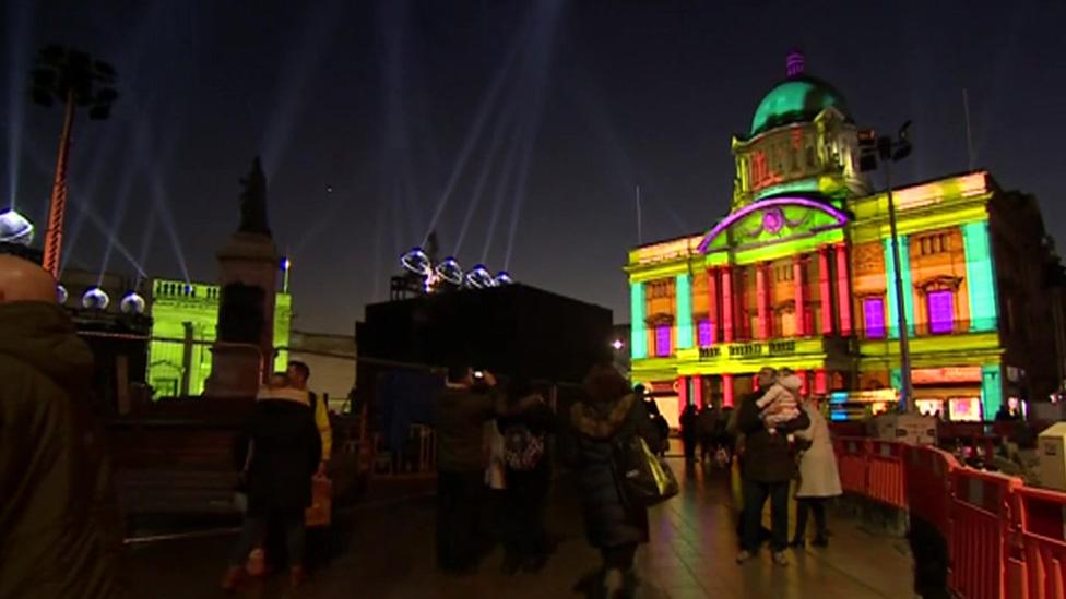 Lights in Hull's Victoria Square including the city hall