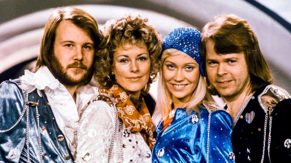 Picture taken in 1974 in Stockholm shows the Swedish pop group Abba with its members (L-R) Benny Andersson, Anni-Frid Lyngstad, Agnetha Faltskog and Bjorn Ulvaeus posing after winning the Swedish branch of the Eurovision Song Contest