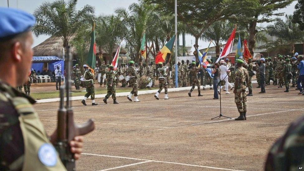 UN peace keeping troops take part in a ceremony in Bangui, capital of the Central African Republic (September 2014)