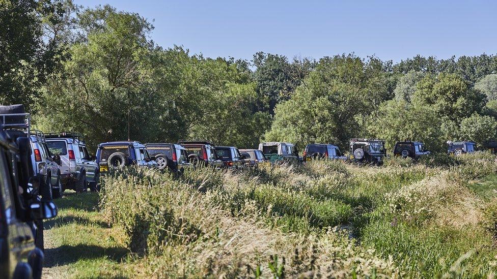 Parade of Land Rovers and Range Rovers at the Billing Off Road Show near Northampton.