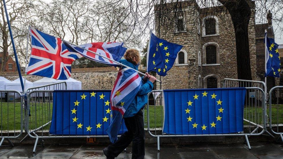 Anti-Brexit protesters demonstrate outside the Houses of Parliament on 18 March 2019 in London