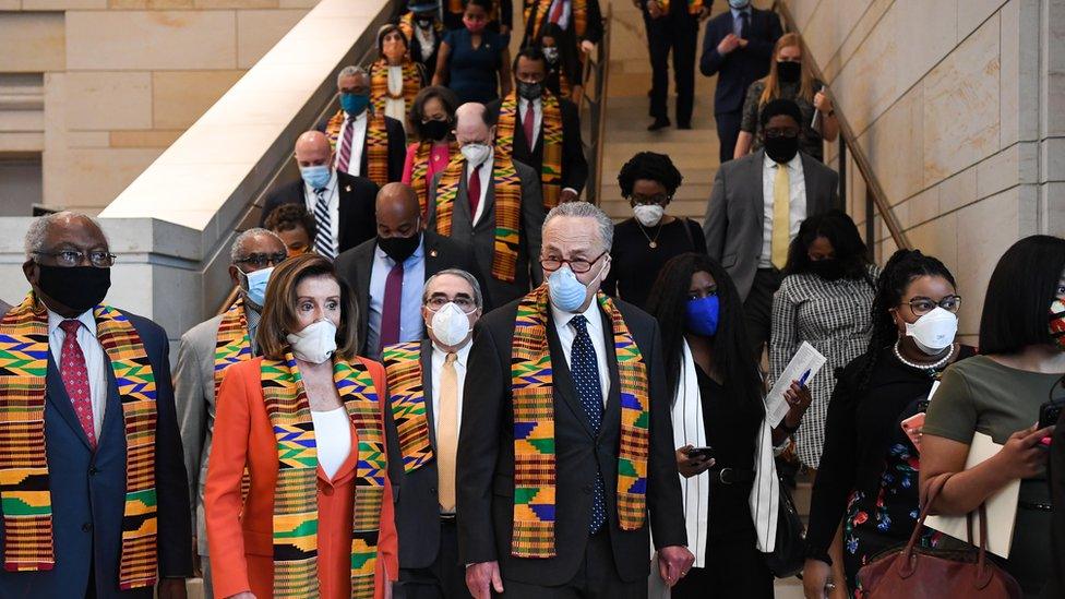 US House Speaker Nancy Pelosi, a Democrat from California, and Senate Minority Leader Chuck Schumer, a Democrat from New York, arrive with House and Senate Democrats