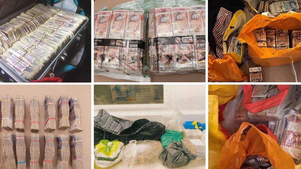 Six pictures of bags of money recovered by police.