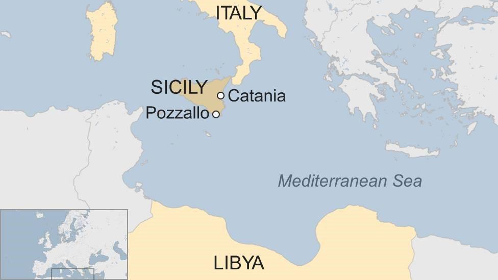 Map showing the coast of Libya, Sicily and mainland Italy