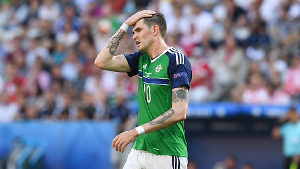 Northern Ireland forward Kyle Lafferty reacts during the Euro 2016 game with Poland