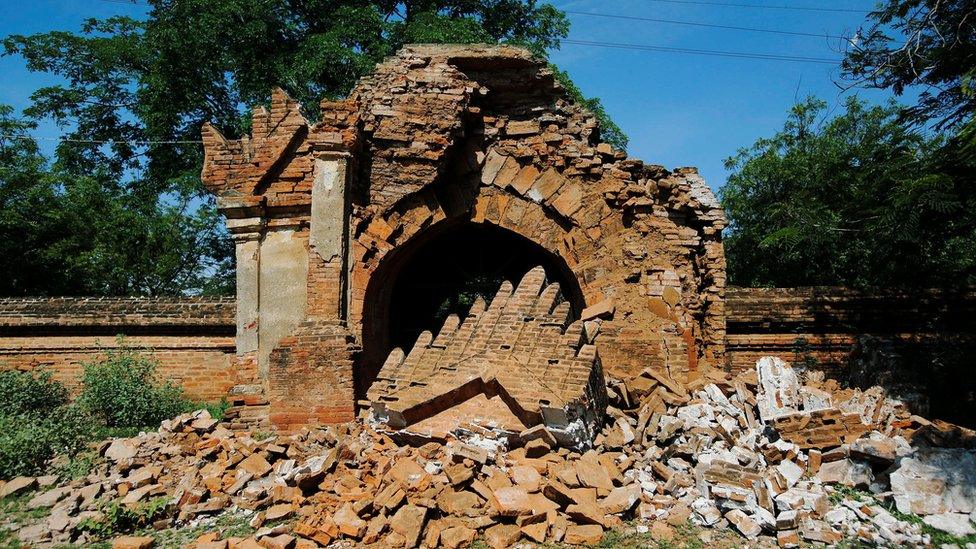 The entrance of a collapsed pagoda is seen after an earthquake in Bagan, Myanmar, 25 August 2016.