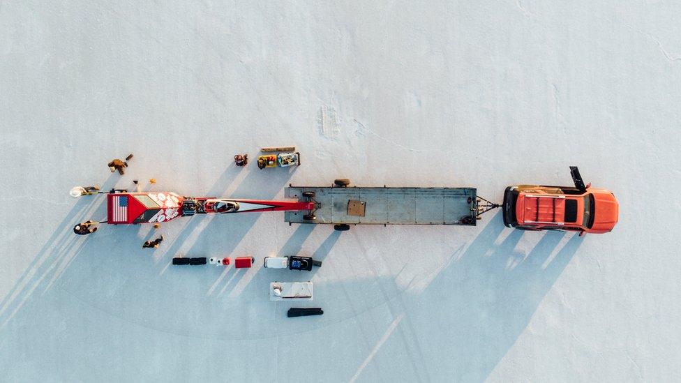 Dragster in salt flat in Bonneville, Utah, US on 12 September 2018