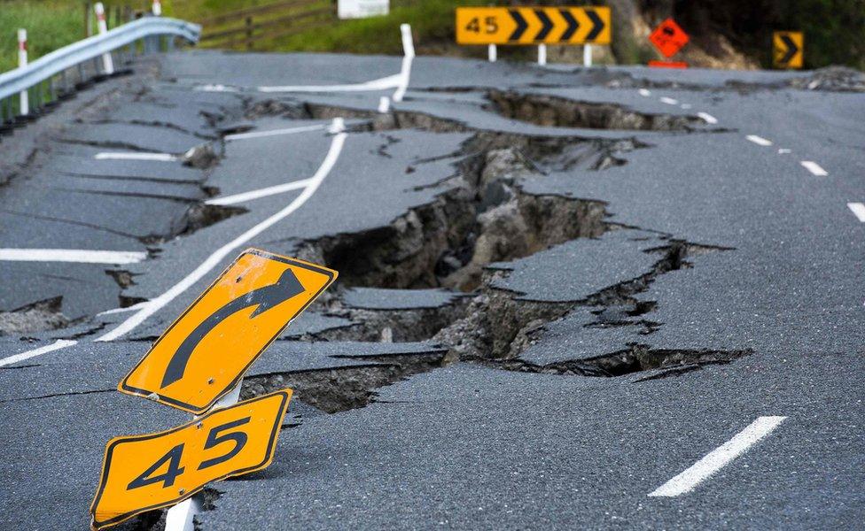 Earthquake damage to State Highway 1 is seen south of Kaikoura on 16 November 2016.