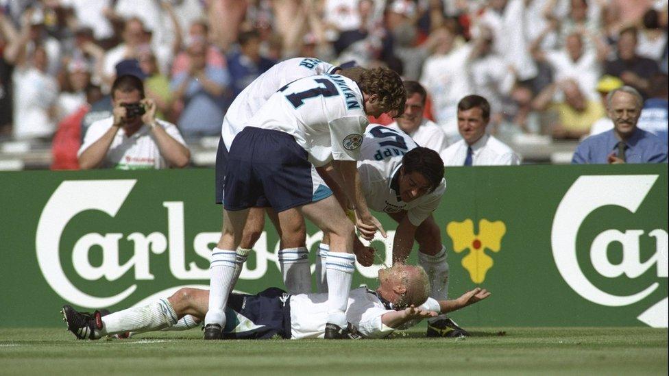 Paul Gascoigne of England celebrates scoring England's second goal in the England v Scotland