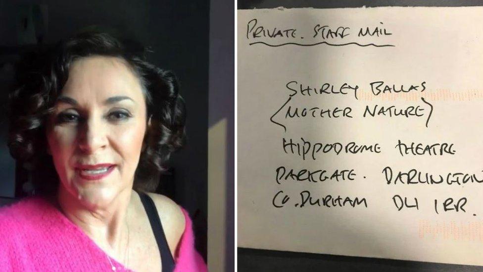 Shirley Ballas and note handed in to Hippodrome Theatre