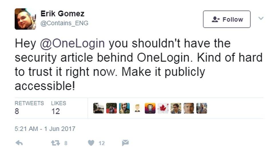 Screen shot of a tweet about the Onelogin data breach