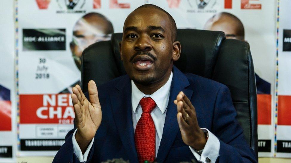 Zimbabwe's Movement for Democratic Change (MDC) party leader Nelson Chamisa holds a press conference at the MDC headquarters in Harare, on July 17, 2018,