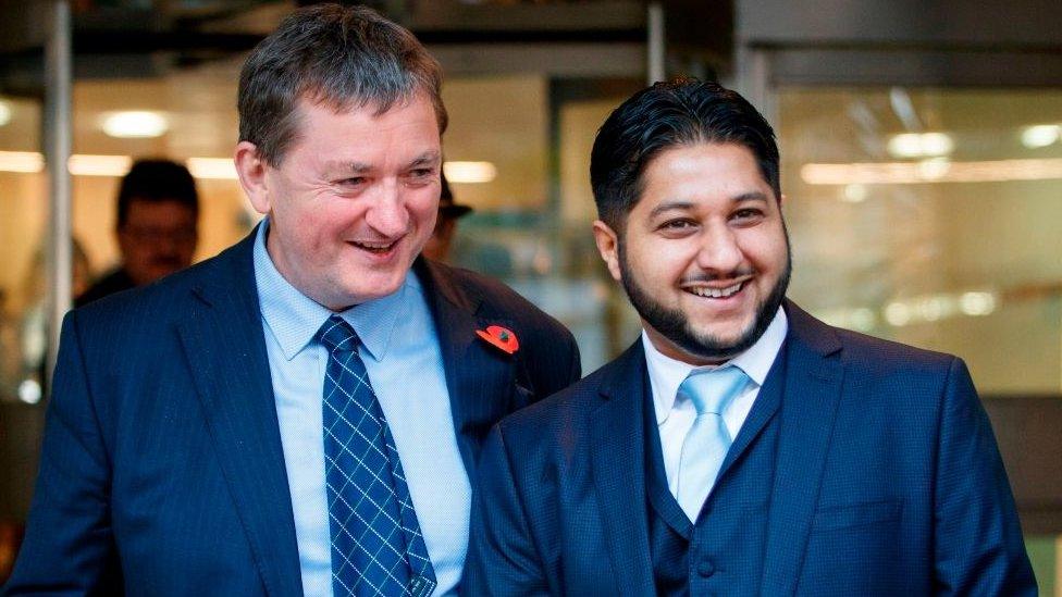 Former Uber drivers James Farrar (L) and Yaseen Aslam