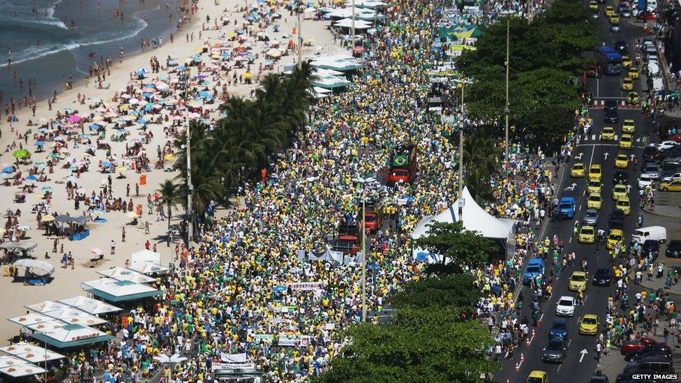 Protesters march calling for the impeachment of President Dilma Rousseff along Copacabana beach on 16 August 2015