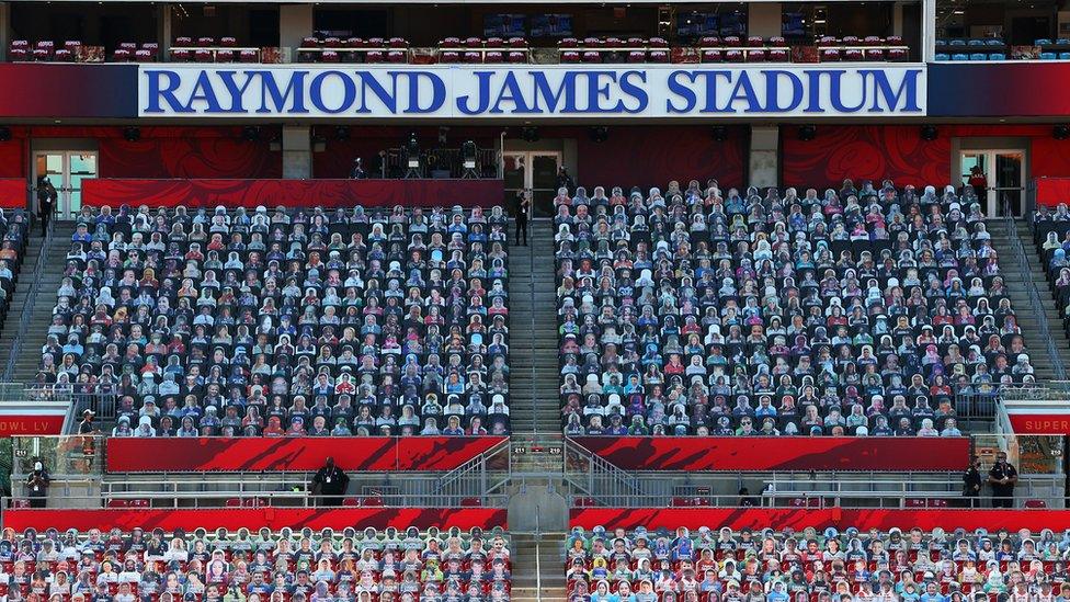 Fan cardboard cut-outs are seen in the seats before Super Bowl LV between the Tampa Bay Buccaneers and the Kansas City Chiefs at Raymond James Stadium on February 07, 2021