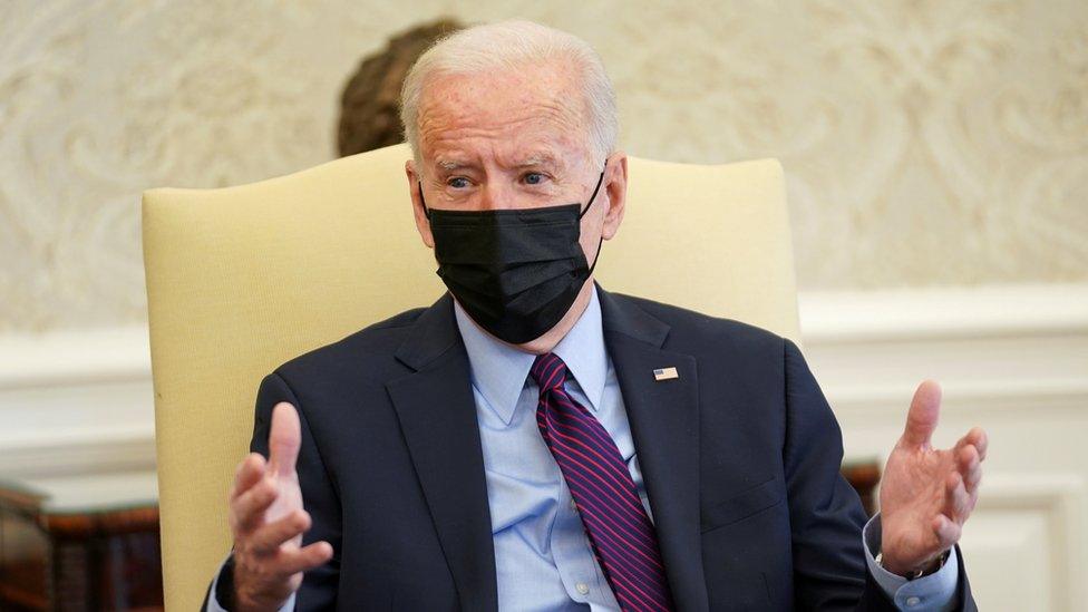 U.S. President Joe Biden speaks with House Democratic leaders and chairs of House committees working on coronavirus disease (COVID-19) aid legislation during a meeting in the Oval Office at the White House in Washington, U.S., February 5, 2021.