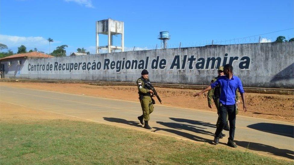 Police patrol in front of a prison after a riot, in the city of Altamira, Brazil, July 29, 2019