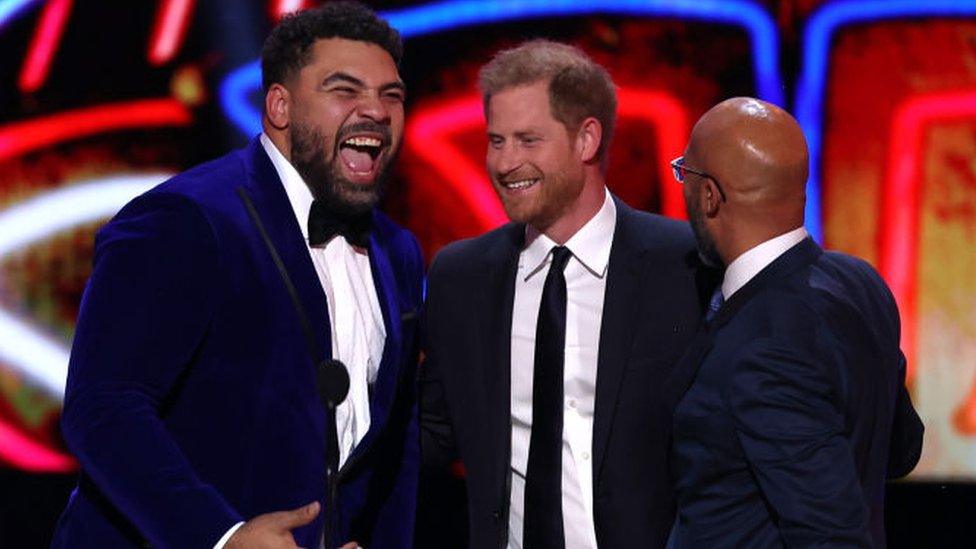 Cameron Heyward reacts to Prince Harry on stage in Las Vegas