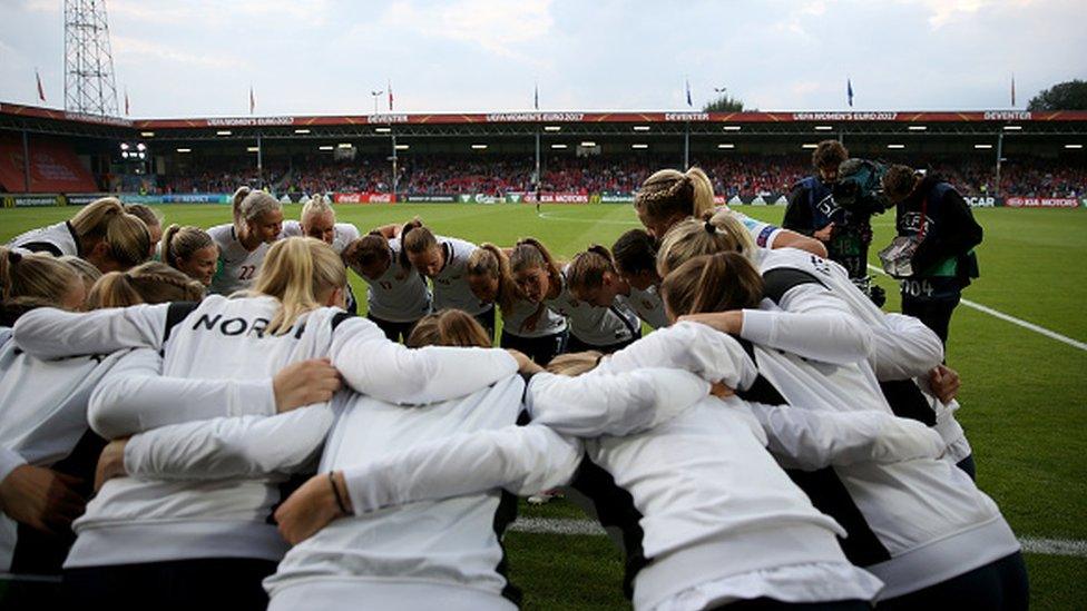 The team of Norway line up before the Group A match between Norway and Denmark during the UEFA Women's Euro 2017 at Stadion De Adelaarshorst on July 24, 2017 in Deventer, Netherlands.