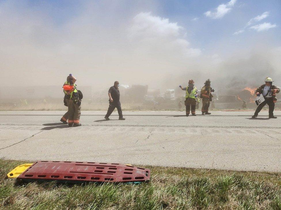 Emergency workers at the scene of Monday's pile-up