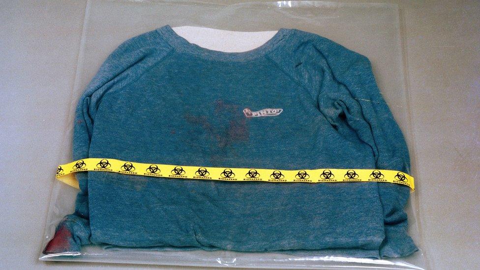 A blue sweatshirt said to contain DNA evidence in the murders of Nicola Fellows and Karen Hadaway