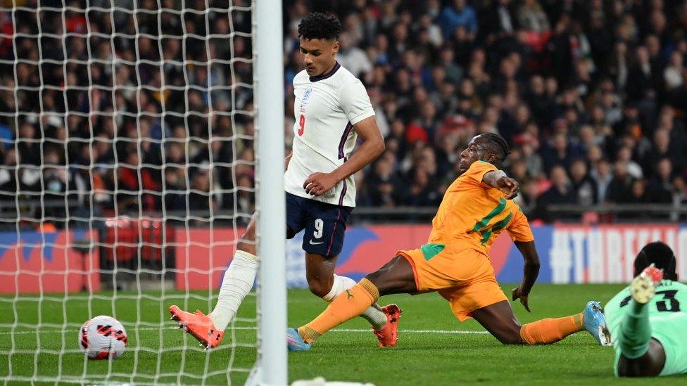 Ollie Watkins scores against Ivory Coast.