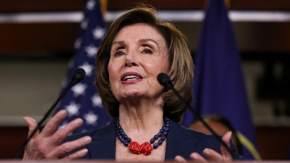 Nancy Pelosi speaks at a news conference in the United States Capitol about the Covid-19 Hate Crimes Act