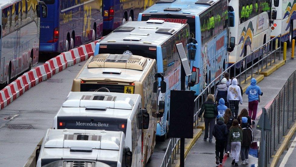 A queue of coaches at Dover