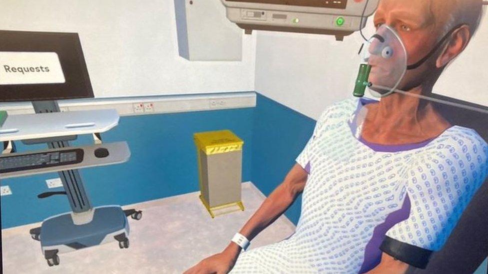 A virtual reality simulation showing a patient with sepsis sitting in hospital with an oxygen mask over their face