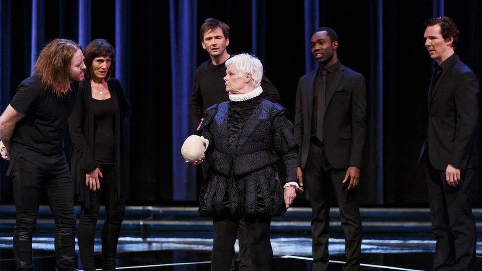 (L-R) Tim Minchin, Harriet Walter, David Tennant, Dame Judi Dench, Paapa Essiedu and Benedict Cumberbatch perform at the RSC's Shakespeare Live! in 2016