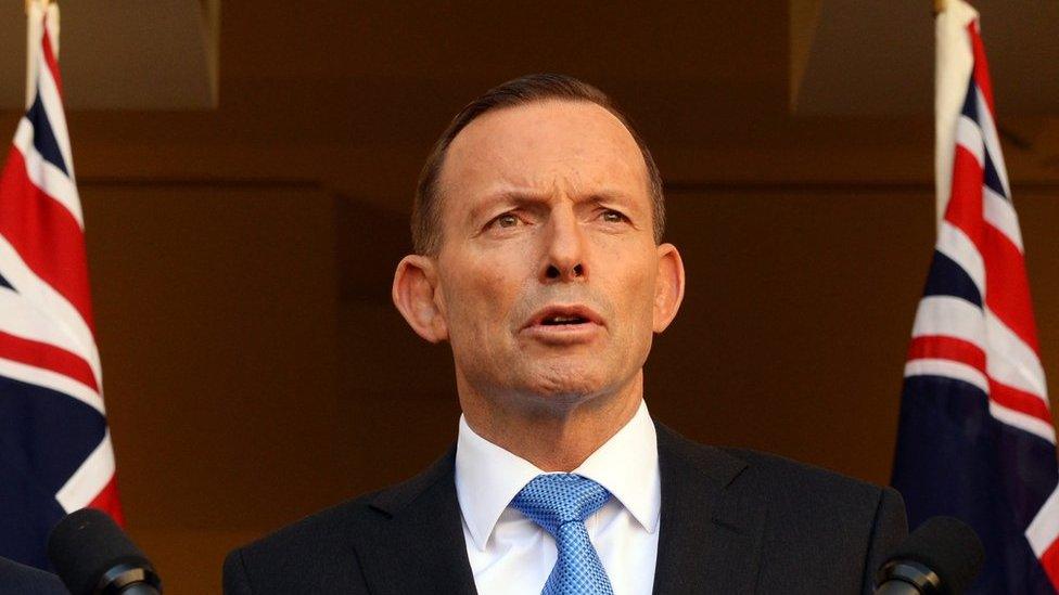 Australian Prime Minister Tony Abbott during a press conference in the Prime Ministerial Courtyard at Parliament House in Canberra, Australia, 9 September 2015