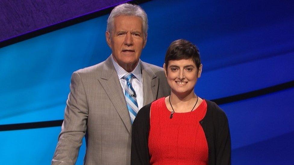 Cindy Stowell, right, appears on the Jeopardy! set with Alex Trebek in Culver City, California. (31 August 2016)