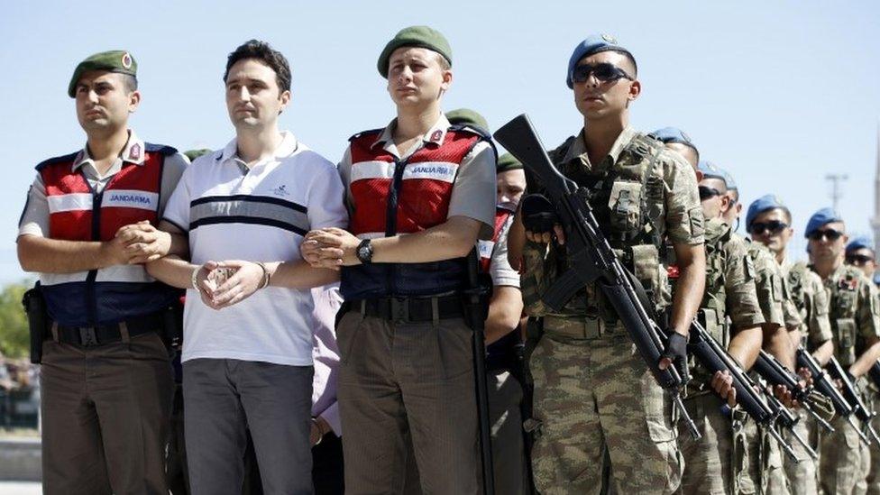 Arrested soldiers who allegedly participated in the 2016 attempted Turkish coup are accompanied by soldiers as they arrive at the court inside the Sincan Prison in Ankara (01 August 2017)