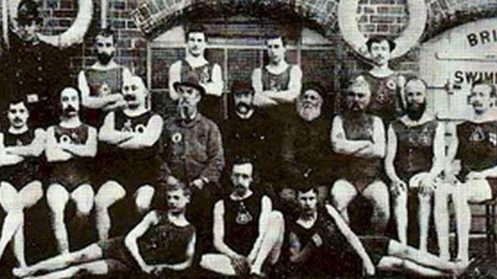 Winter bathers outside Brighton Swimming Club's premises in 1891