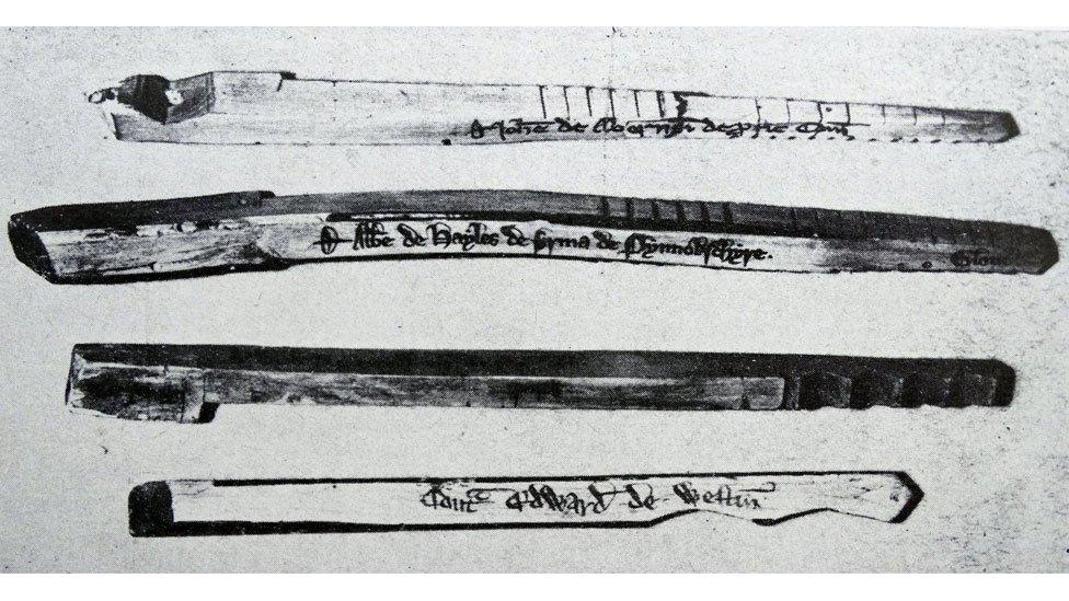 Some of the old wooden tally sticks used by the UK Exchequer until 1826