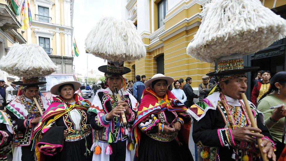 The indigenous Aymara play folk music in La Paz