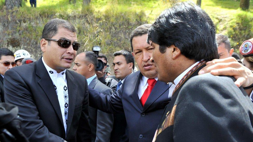 Rafael Correa with Venezuela's Hugo Chavez and Bolivia's Evo Morales