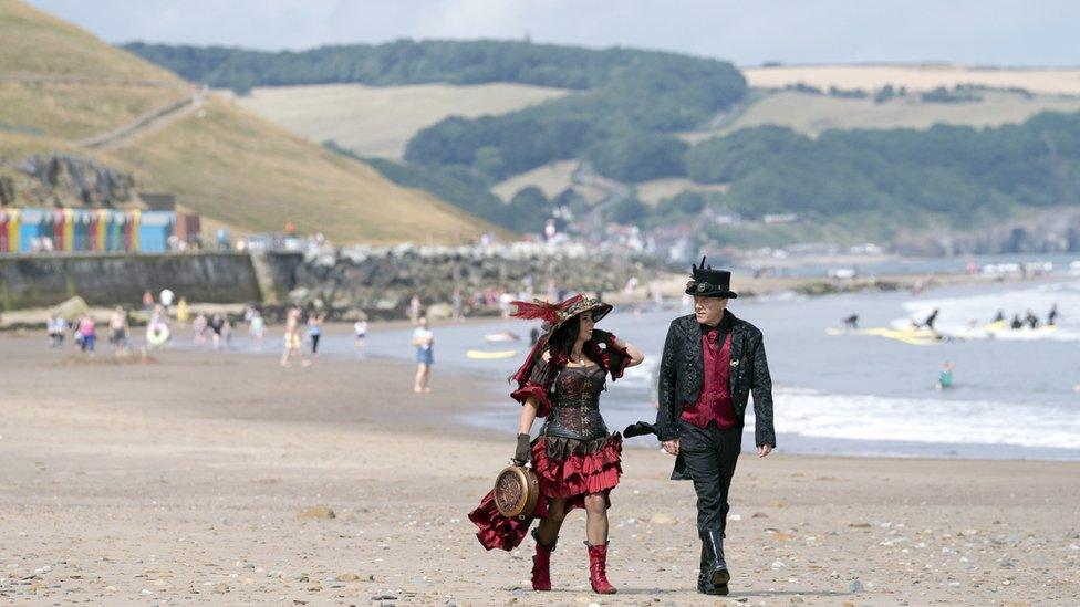 Steampunks attend the Whitby Weekend, in Whitby, Yorkshire.