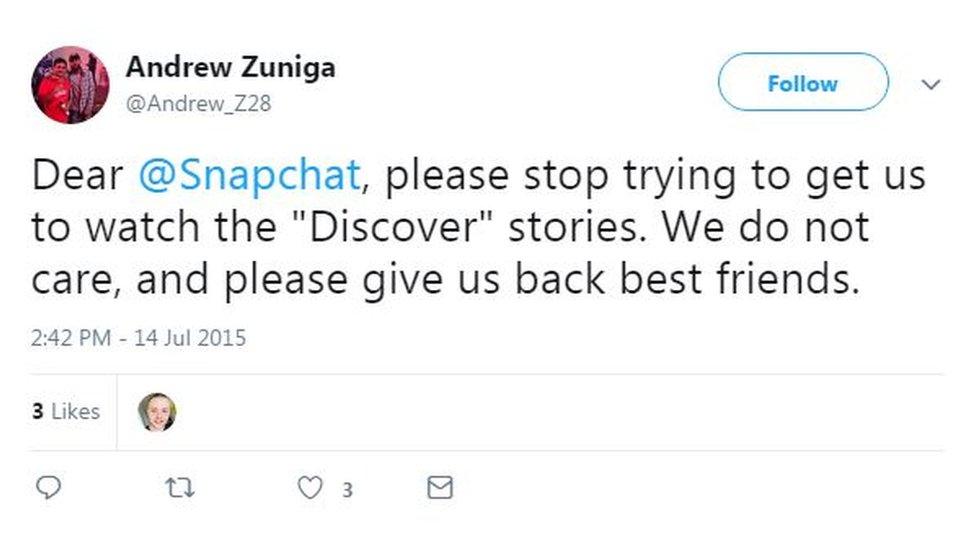 A tweet from Andrew Zuniga asks Snapchat to "give us back best friends"