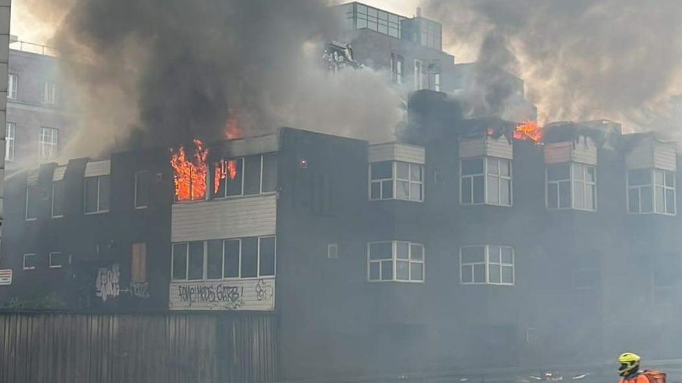 Flames and smoke rising from the blaze at Carliol Square in Newcastle