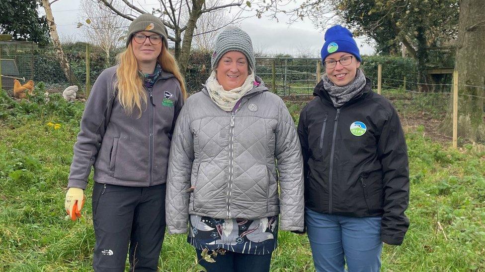 Katy Bell from Ulster Wildlife, Dawn Stocking of Ballycruttle Farm and Michelle Duggan RSPB NI